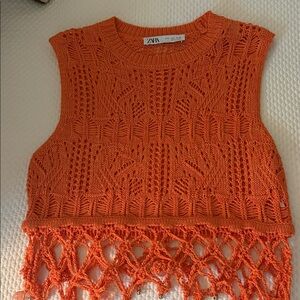 Zara Bright Orange Crochet Sleeveless Top